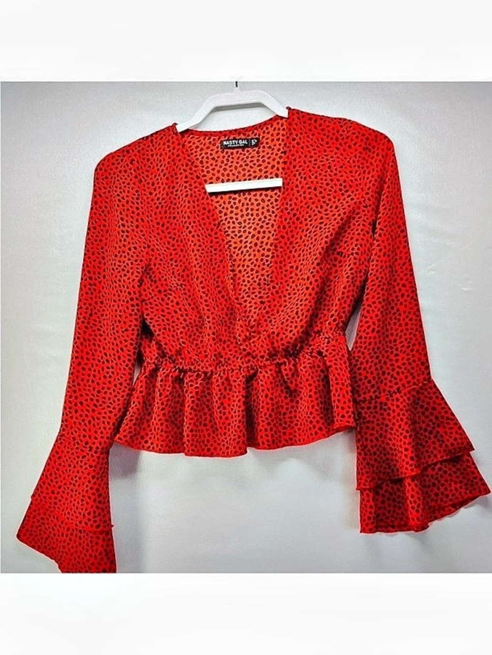 Nasty Gal Animal Print Bell Sleeve Blouse in Red & Black